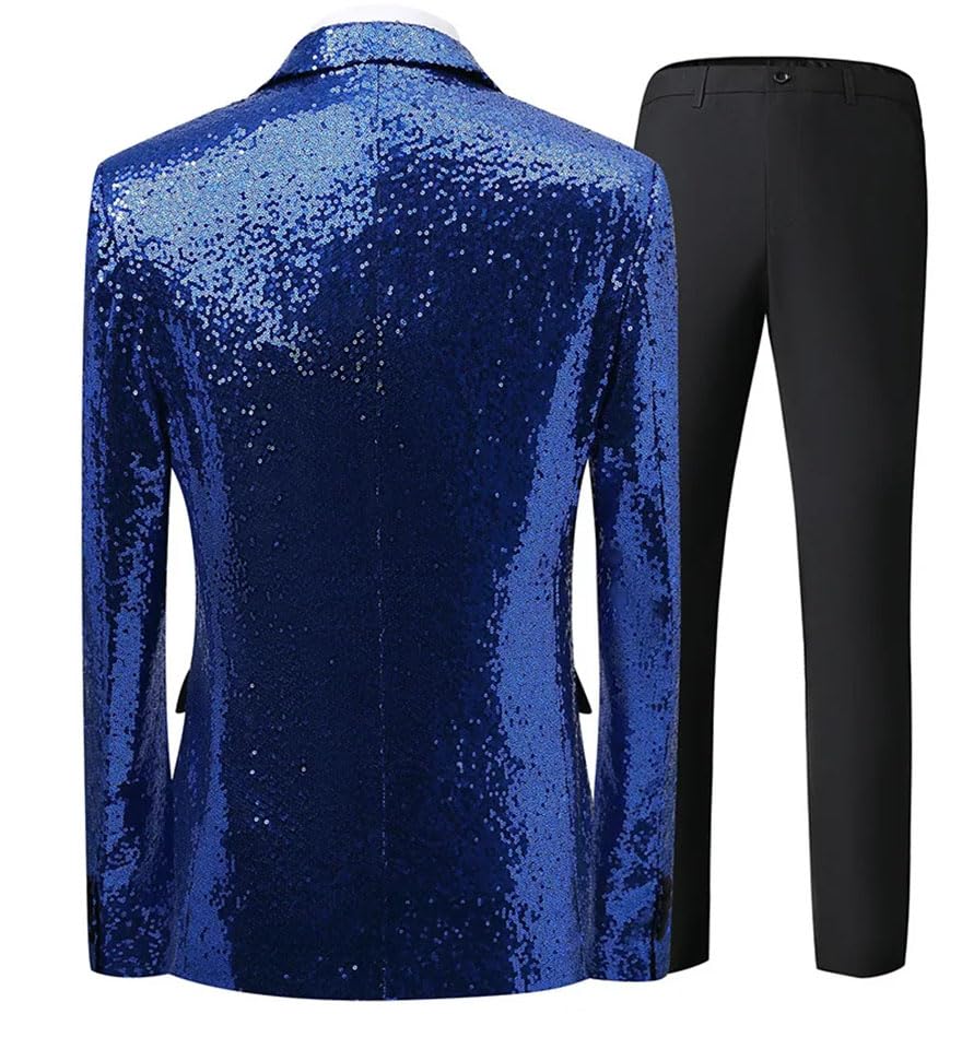 Men Sequin Tuxedo Suit with Black Lapel and Pants for Party Prom Silver M3