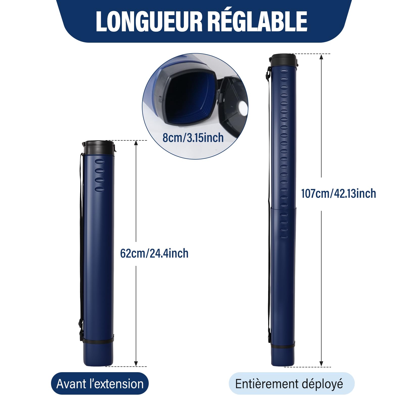 DEWEL Rouleau de Transport télescopique A0, 62-107 cm, pour Posters et Tableaux, Bleu foncé