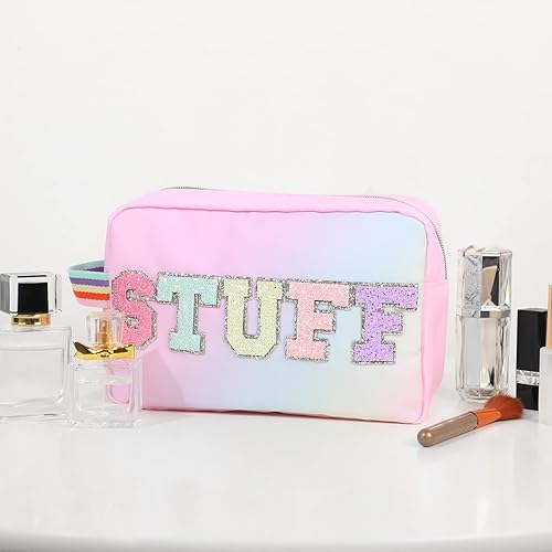 Miniatura 5 de DYSHAYEN Bolsa de cosméticos de nailon, pequeña bolsa de maquillaje para mujeres y niñas con parches de letras de chenilla, Multicolor-STUFF