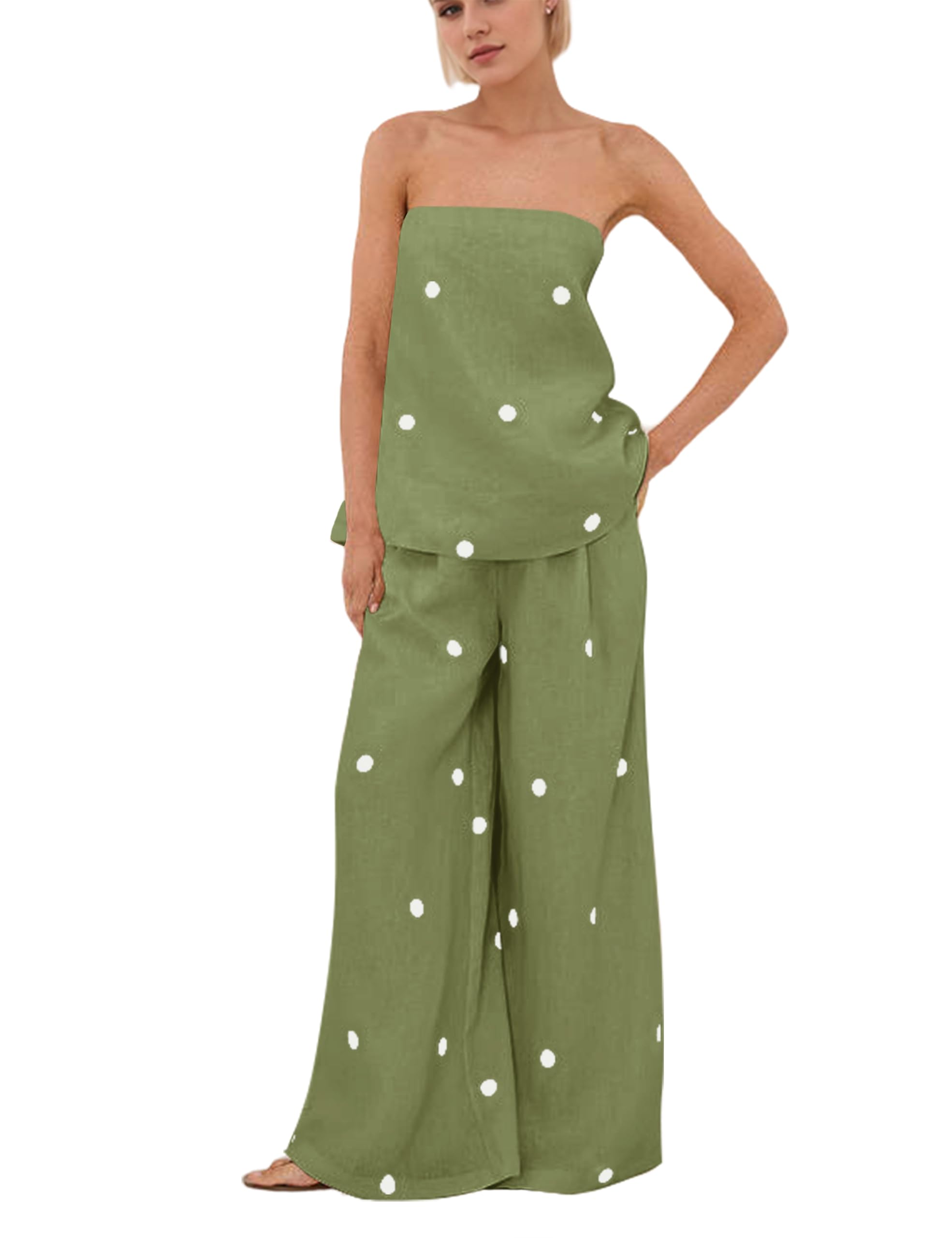 Women Polka Dot 2 Piece Outfits Spot Strapless Tube Top High Waist Wide Leg Pants Casual Lounge Set-image-5