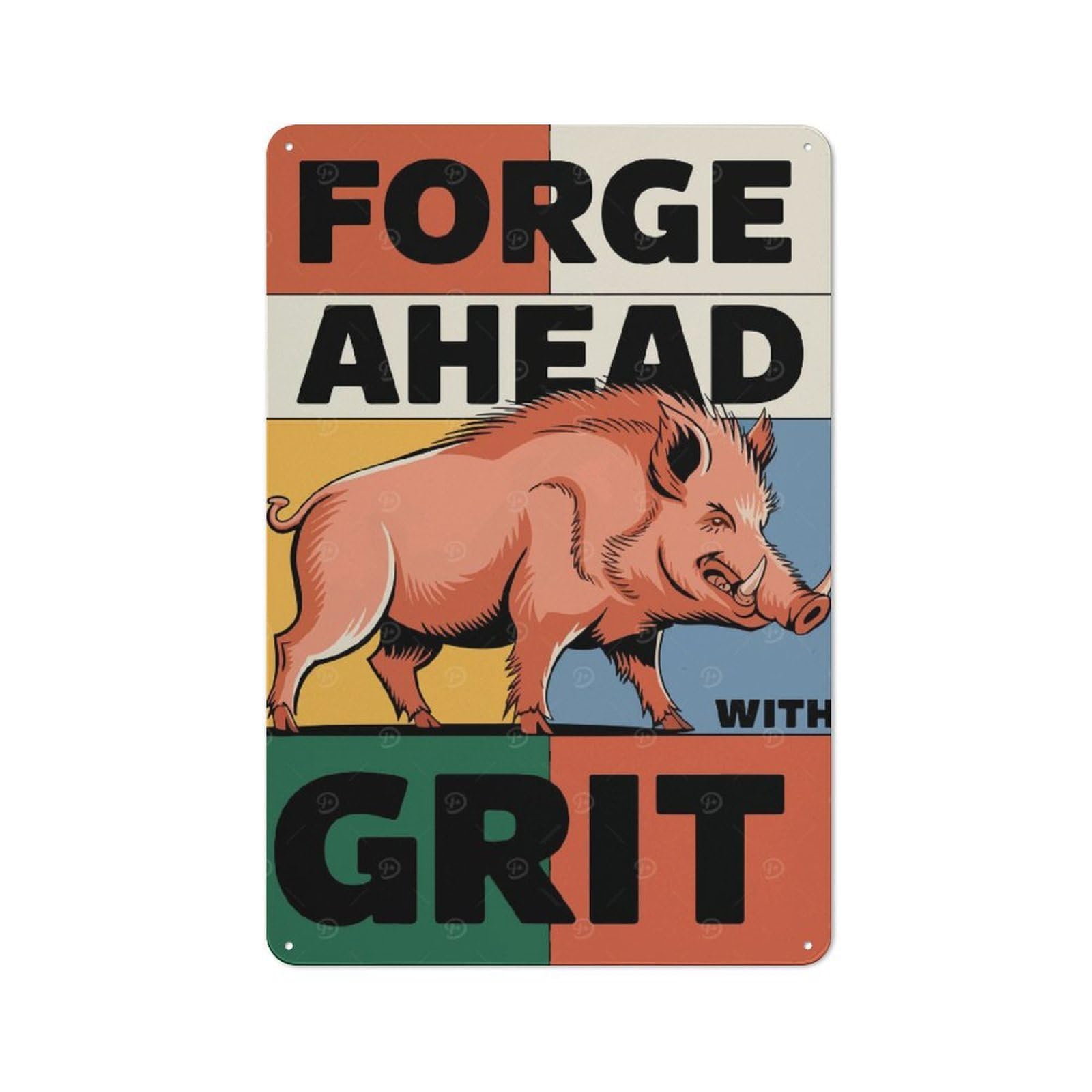 Junmoney Forge Ahead With Grit Wild Boar Illustration Friendly Metal Wall Decor 30X20cm, Decorative Metal Plaque For Coffee Bar, Small Shop Or Dining Room