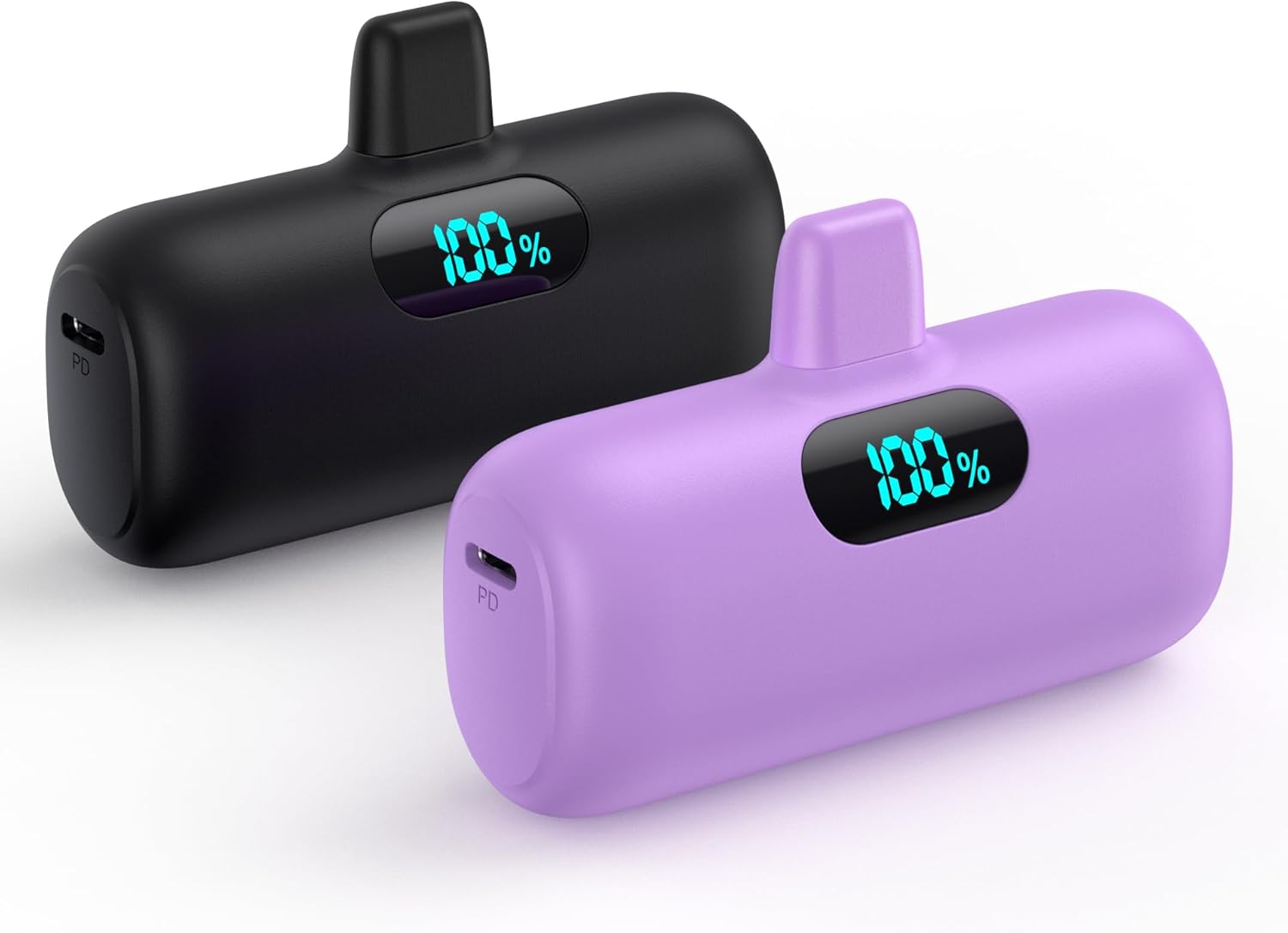 [2 Pack] Mini Portable Charger 5000mAh,Ultra-Compact 15W PD Fast Charging Power Bank,LCD Display Cute Battery Pack Backup Charger Compatible with iPhone 14/14 Pro Max/13/13 Pro/12/11/8-Black+Purple