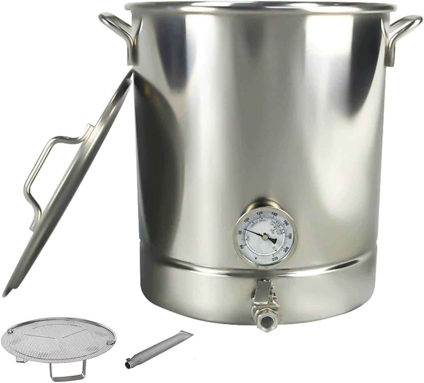 Stainless Steel Brew Kettle with Valve, Dual Filtration, Thermometer - Ideal for Home Brewing and Craft Beer Making