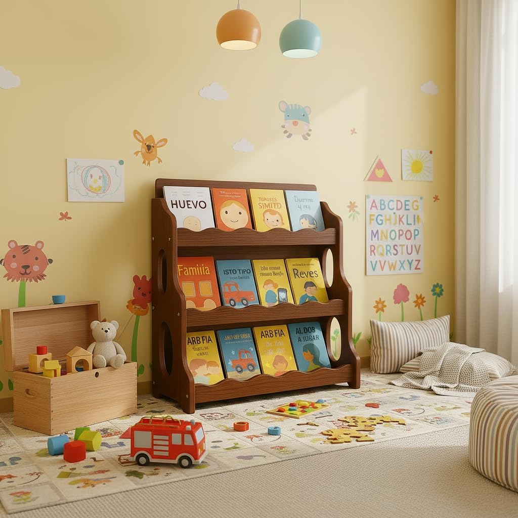 Kids Bookshelf Wooden Montessori Book Shelf Dutch Design 3Tier Scalloped,WalnutWood Pattern - Image 9