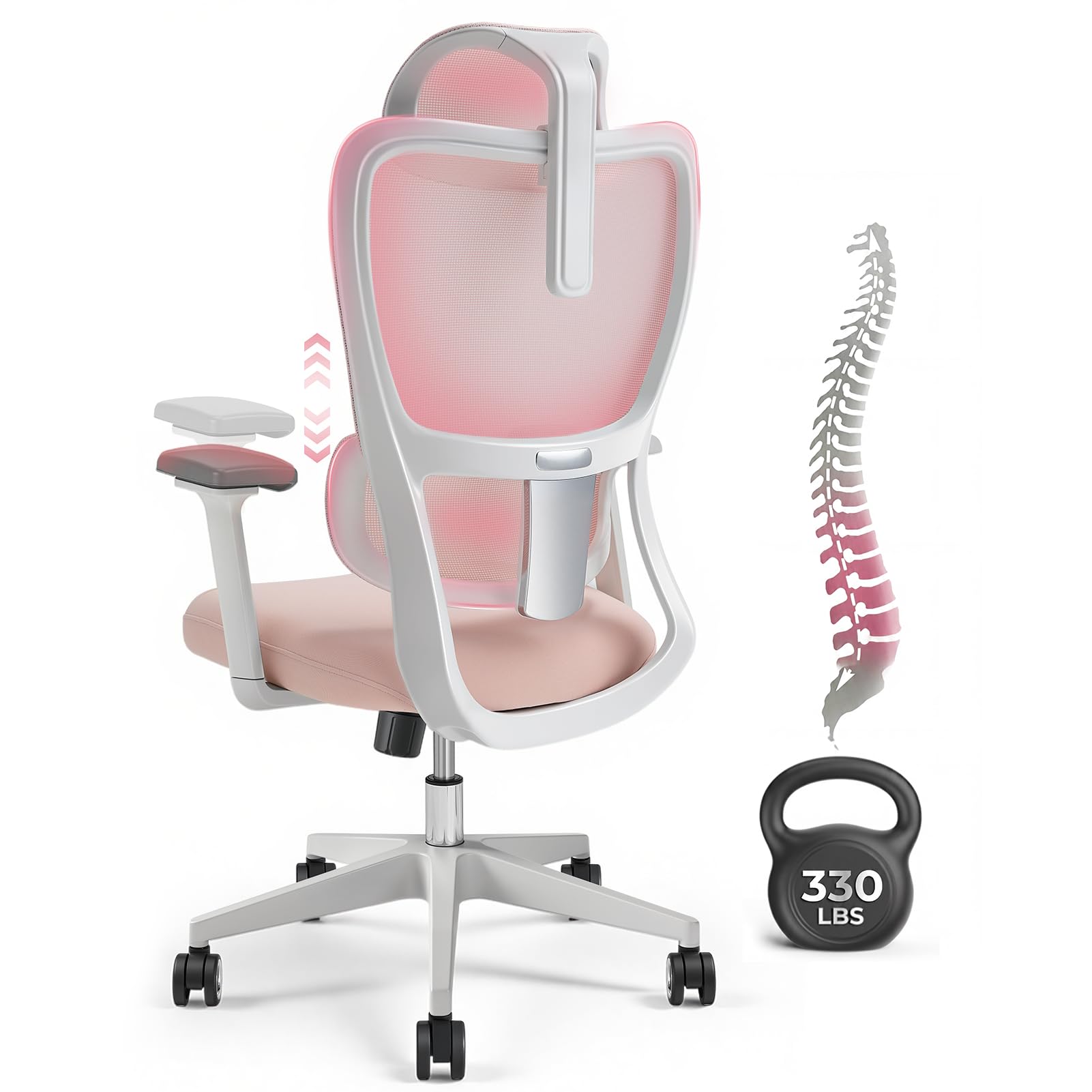 Warmiehomy Ergonomic Mesh Office Chair, 155° Tilt Lock Comfy Office Chair with Adjustable Lumbar Support & 4D Armrests, Breathable Computer Chairs & Gaming Chair for Adults Home Office, Pink