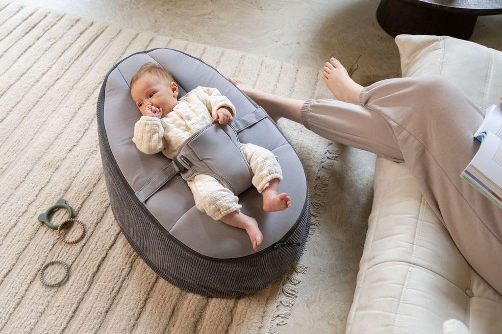 doomoo Transat Bébé Evolutif Fauteuil Enfant Seat'n Grow- Dès la Naissance et jusqu'à 25kg - Ultra Confort - Remplissage Microbilles et Tissus en Coton Doux Oeko-Tex et GOTS, Gris
