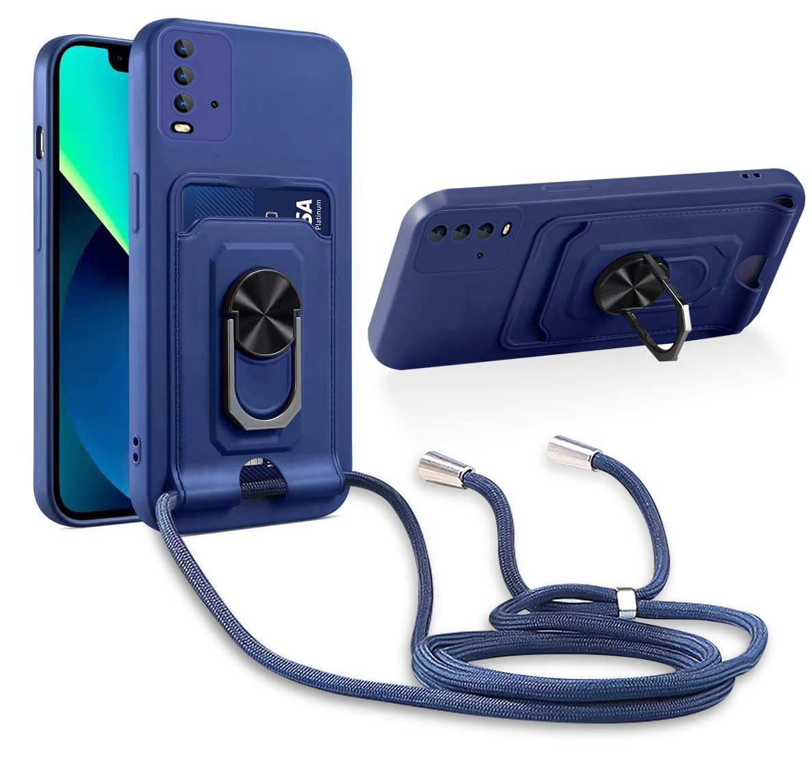 Cover Compatibile con Xiaomi Redmi 9 Power/Redmi 9T/Redmi Note 9 4G, Slot Schede, 360°Magnetica Anello Supporto [Protezione Fotocamera] Cordino Collana Necklace Silicone Case - Blu