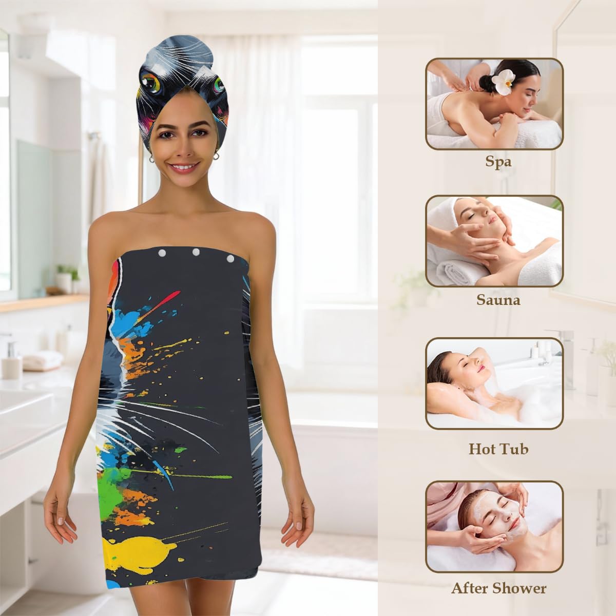 Mikrofaser-Duschtuch für Damen, mit Haar-Handtuch, niedliche Katze, buntes Ölgemälde, weiche Körperwickel, Kleid mit Haartrocknungskappe für Strand, Pool, Spa, 2 Sets