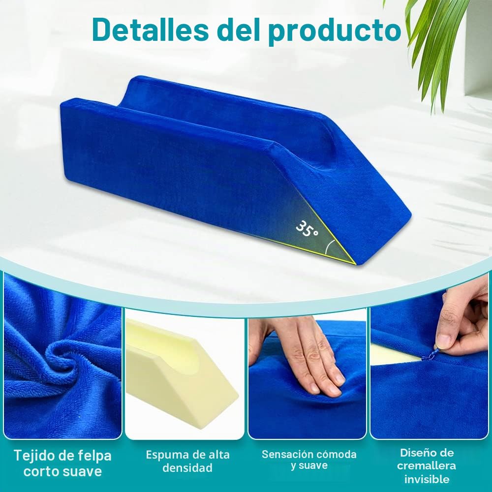Almohada de cuña de elevación de piernas, almohada de descanso de pierna para dormir después de la cirugía, soporte de rodilla, espuma para cama, cuñas, piernas (azul, 65 cm de largo)