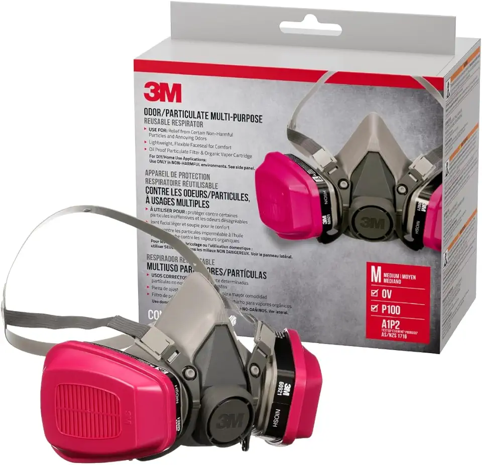 3M P100/OV Odor/Particulate Multi-Purpose Reusable Respirator 65021, Medium Size, NIOSH-APPROVED Organic Vapor Cartridge &amp; P100 Rated Filters, Flexible, Thermoplastic Faceseal For Comfort (65021H1