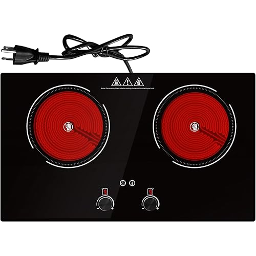 2400W Electric Cooktop: 24" Electric Stove 2 Burner Hot Plate Double Burner Cooktop, GTKZW Knob Control Countertop & Built-in, 9 Power Levels, Child Lock, Timer, Suitable for all Pans