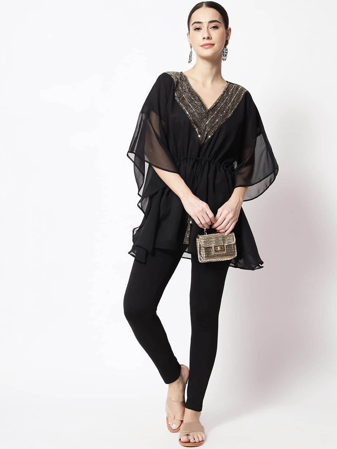 studio rasa Women's Georgette Relaxed Fit Embellished Yoke Kaftan Kurti for Festive Wedding Party (KRAC42223M_Black_Medium) 1