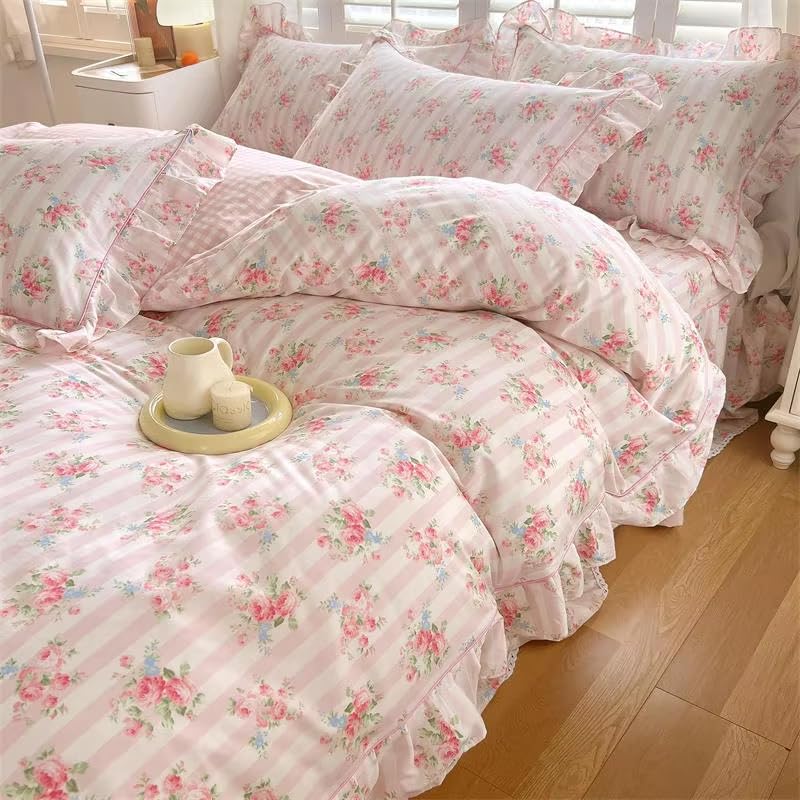 Housse De Couette à Volants Floraux Jaunes 240x220 - Parure De Lit Style Princesse Romantique