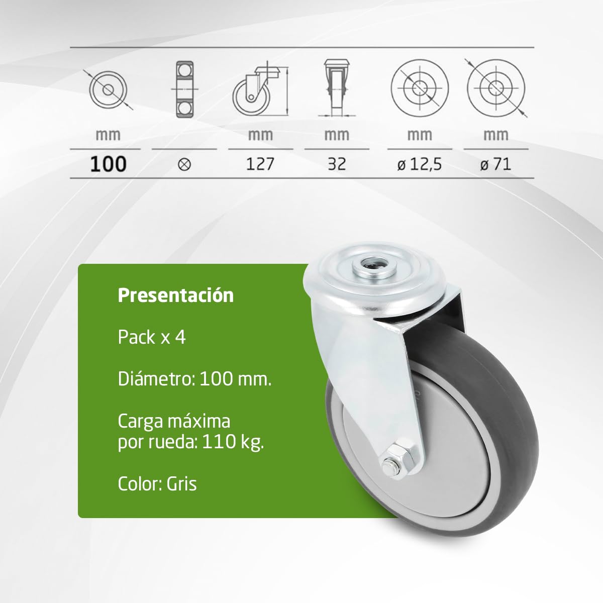 Amig- Pack de 4 Ruedas para Muebles - Con Agujero- Ø100 mm - Carga Máxima por rueda 110 kg- Pletina de Acero- Fabricada con Goma- Sin Freno- Ideales para Mover Equipos Industriales y Muebles Pesados