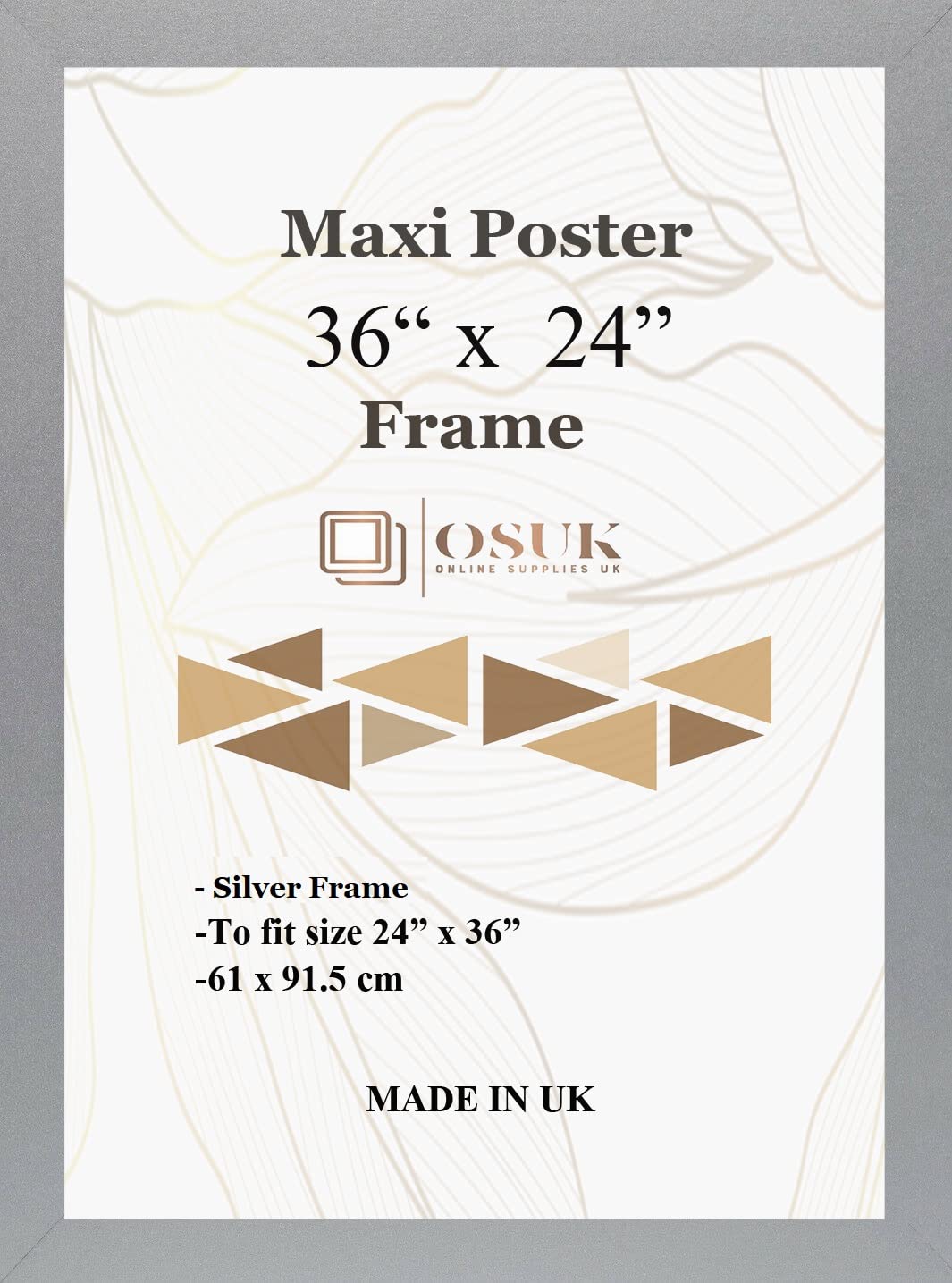 OSUK Silver Maxi Poster Frame 61 x 91.5cm - Large Photo Frame 36 x 24 Inch - 91.5 x 61cm Poster Frames With Clear Perspex Front & Wall Mounting Hooks - Silver 24" x 36" Picture Frame