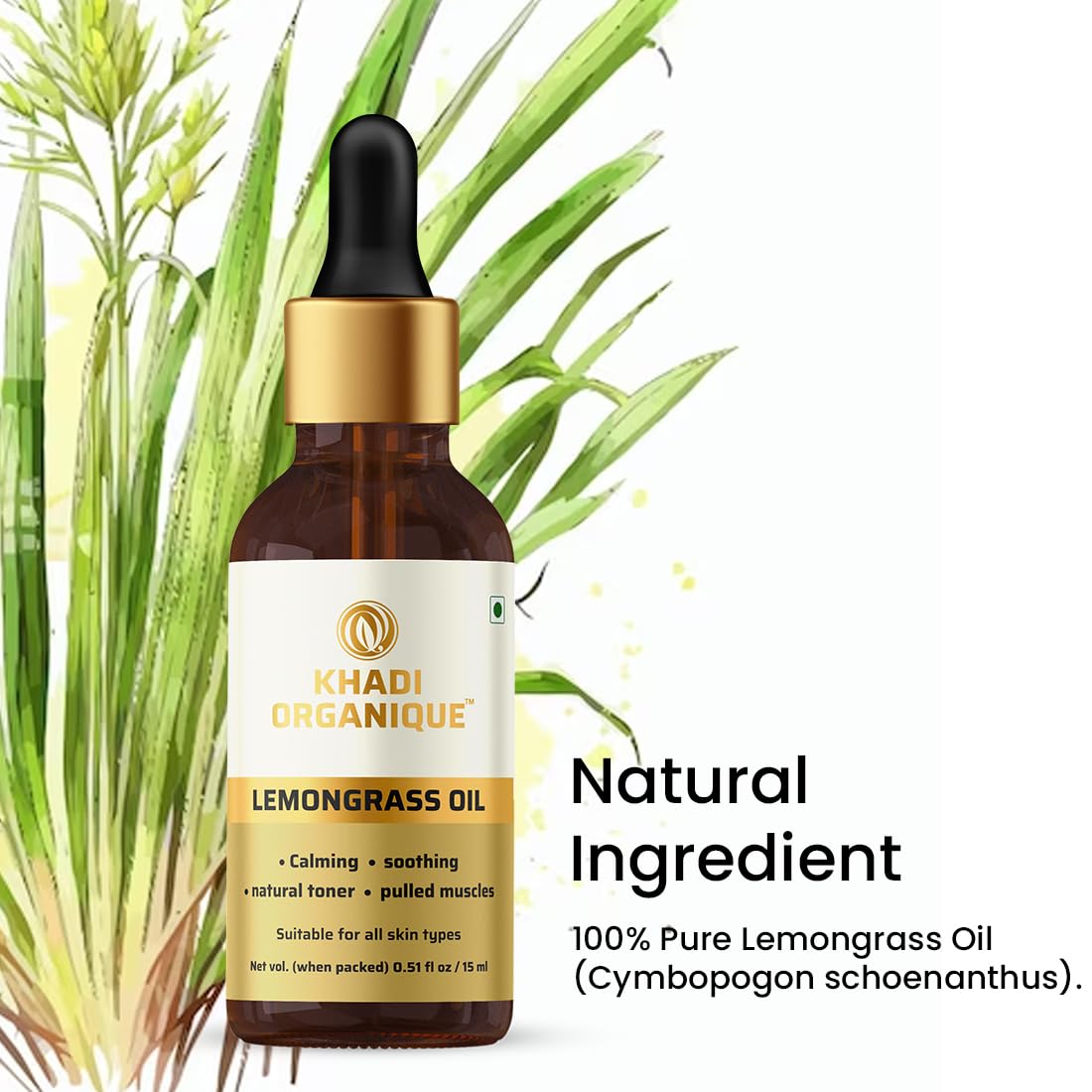 Khadi Organique Lemongrass Essential Oil for Skin, Hair & Body | Pure & Natural Aromatherapy Oil for Acne, Pimples, Stress & Muscle Pain Relief | Refreshing & Moisturizing Massage Oil – 15 ml 3