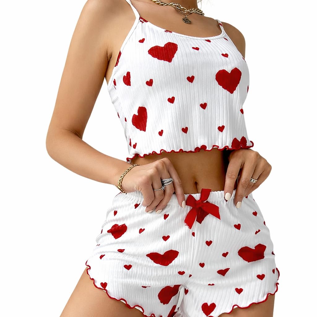 Women's Butterfly Print Cami Top and Shorts Pajama Set, White, Sleeveless Crop Top with Bow Shorts-image-4