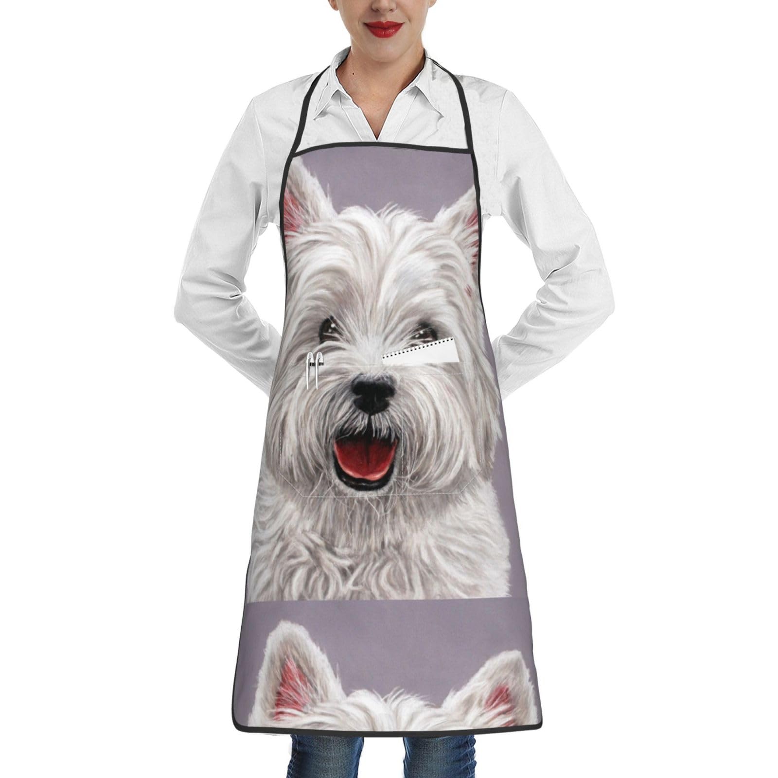 YsoLda Kitchen Aprons,Cooking Apron With Pockets,Waterproof Chef Apron Adjustable Bib Aprons,Cute West Highland Terrier Dog Art Printed