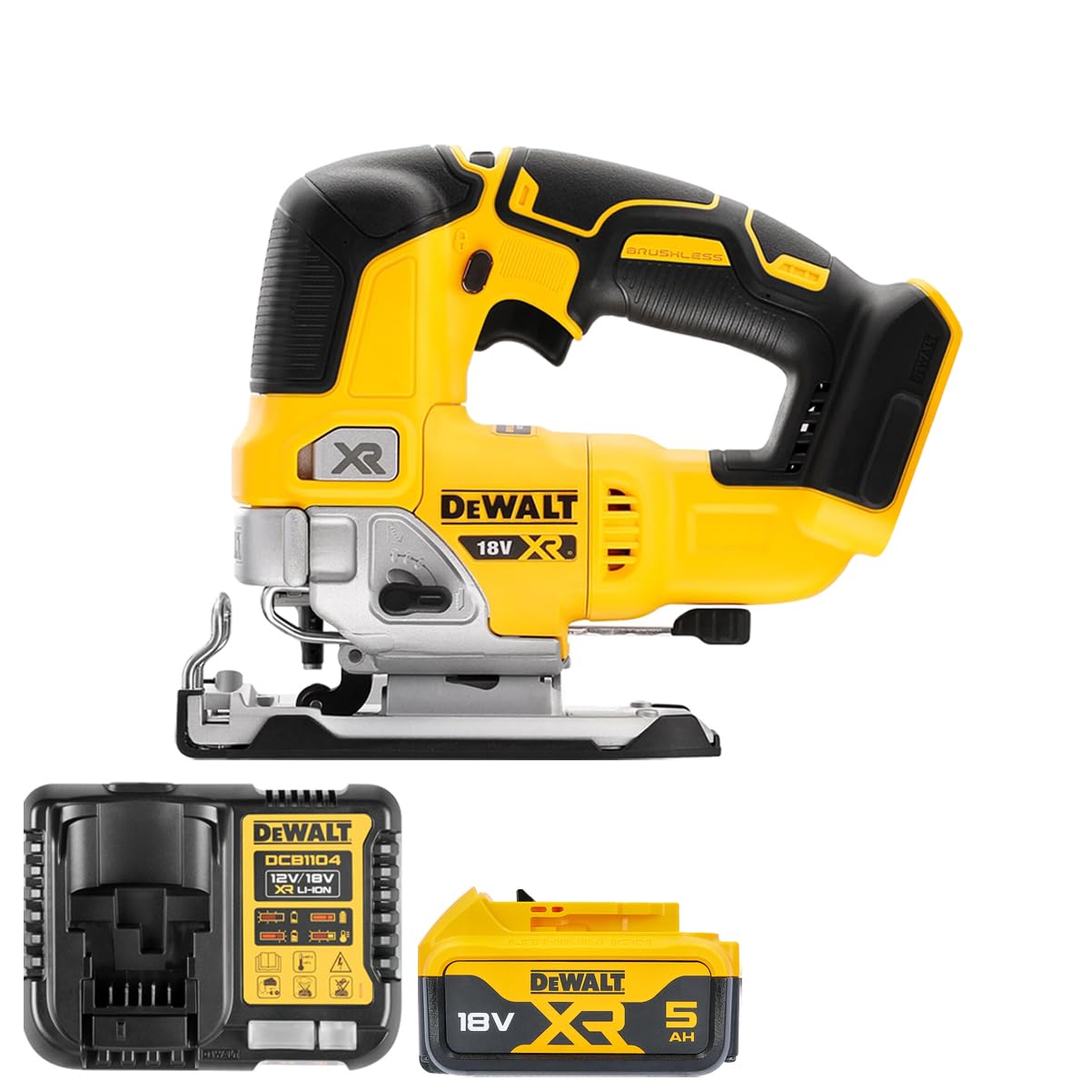 Dewalt Yellow Dcs334n 18V Brushless Top Handle Jigsaw With 1 X 5.0Ah Dcb184 Battery & Dcb115 Charger