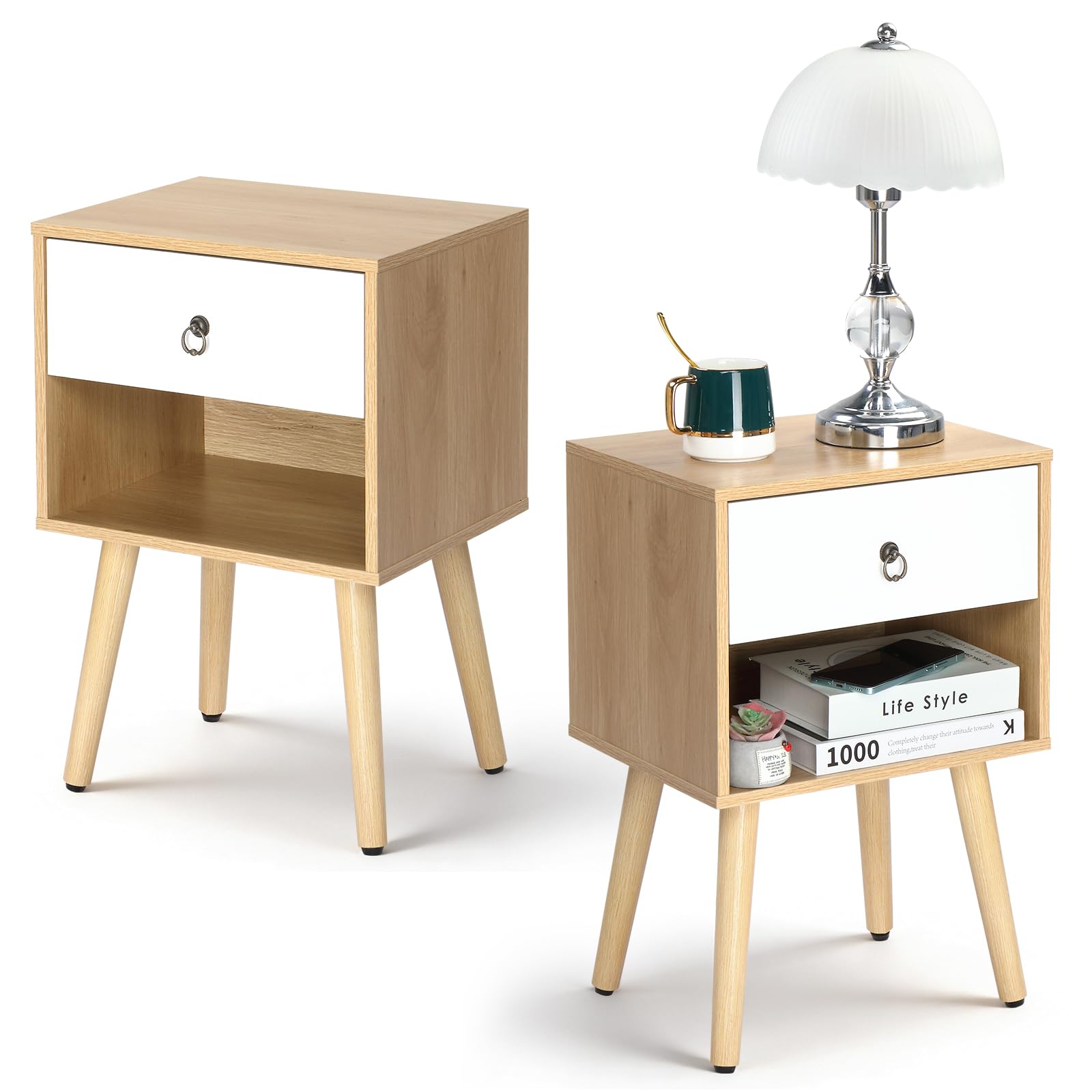 Bonnlo Bedside Table, 1 Drawer & Bottom Open Compartment Bedside Drawers, Nightstand with Ring Pull Handles & Solid Wood Legs, 38×30×55cm Storage Cabinet for Bedroom Living Room (2, Oak)