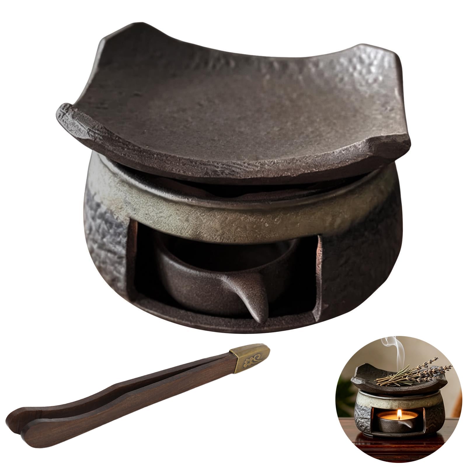 Keramik Aromatherapie Brenner mit Zange, Duftdiffusor für ätherische Öle, Teelicht Kerzenhalter Wärmer, Kräuter Räucherbrenner Set, Zen Stil für Zuhause, Büro, Meditation, Entspannung