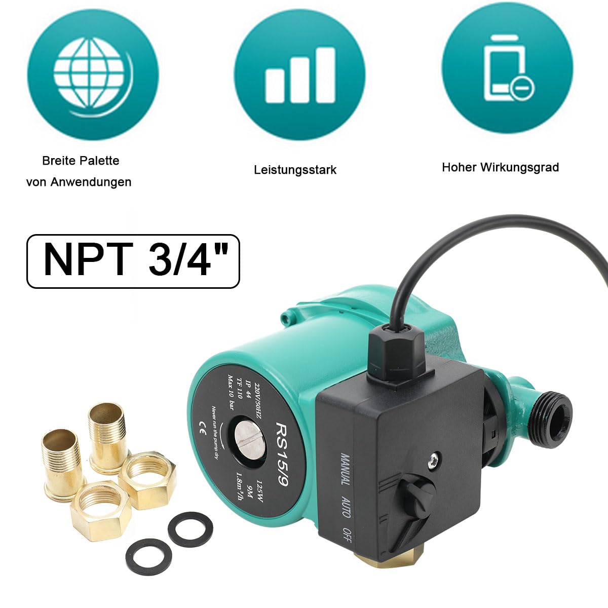 Pompa di Circolazione Dell'acqua Calda, RS15/9 Circolatore di Riscaldamento 125W NPT 3/4 '' Pompa Dell'acqua di Trasferimento Domestica per Caldaia Riscaldamento Centrale
