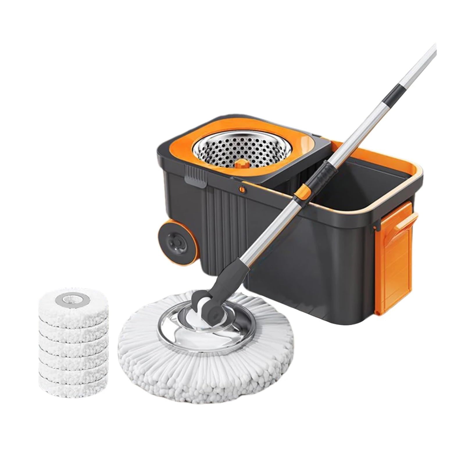 Juego de fregona rotativa con 6 recambios Cabezal, Mango extendido, Manos Libres, Limpieza automática por deshidratación, Giro Cubo(Grey)