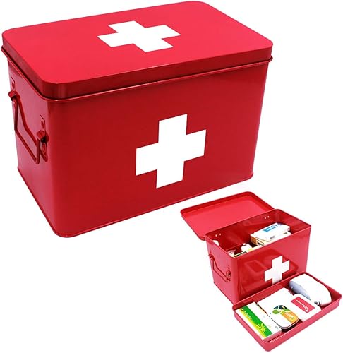 Miniatura 1 de Funly mee Caja de primeros auxilios vintage para el hogar, lata de medicamentos, caja de almacenamiento de medicamentos de metal rojo (grande 12.6 x