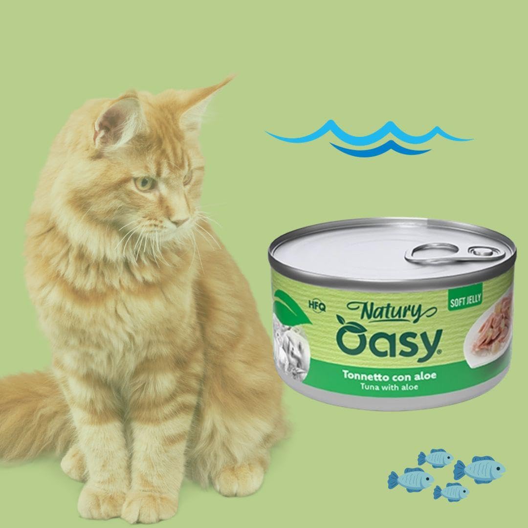 Oasy - Atún húmedo para gatos naturales con aloe, suaves pelusas naturales de Soft Jelly para gatos adultos de todos los tamaños y razas | 24 latas de 85 gramos cada una.