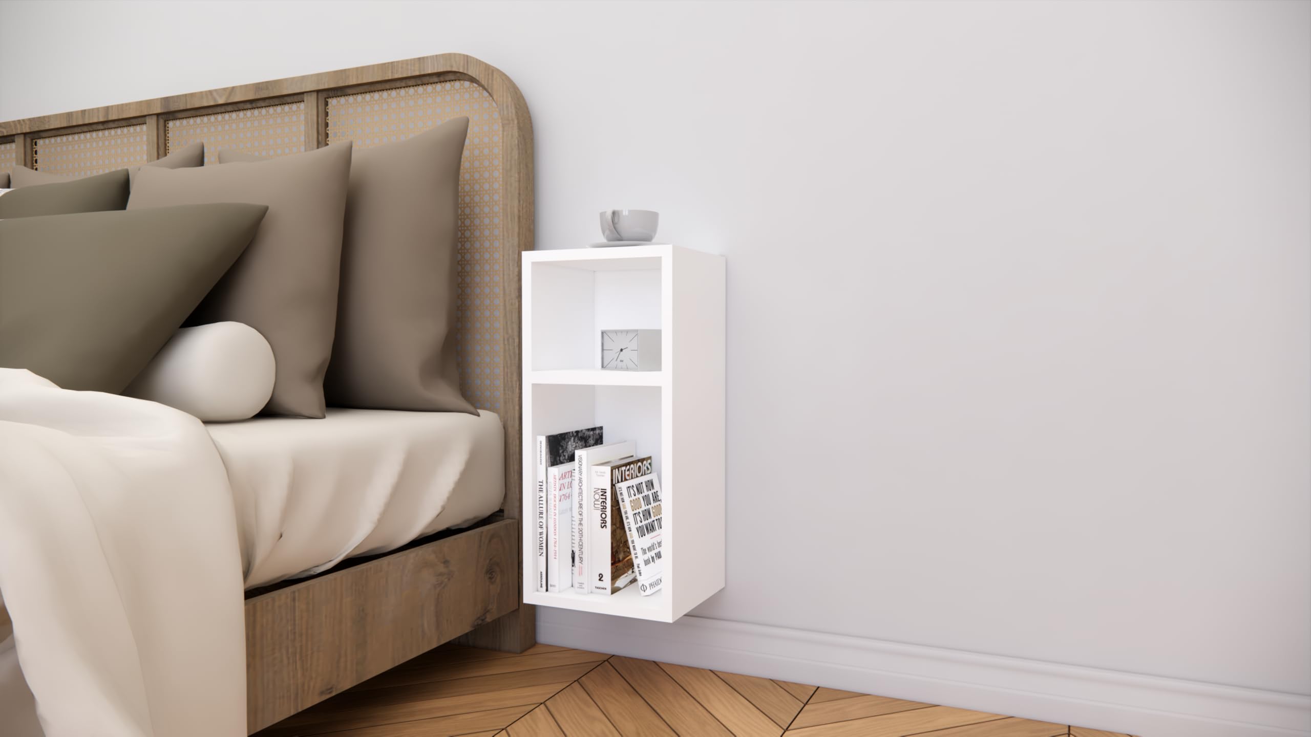 Modern Wall Mounted Bedside Table with Dual Open Shelves | Floating Nightstand with 2 Tier Storage | Space Saving Wooden Bed Side Shelf for Bedroom (White)-image-28