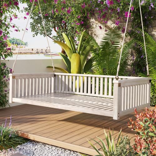 Porch Daybed Swing Outdoor Wooden Swing Bench, Patio Hanging Swing Chair Swinging Bed for Garden, Backyard, Deck, White