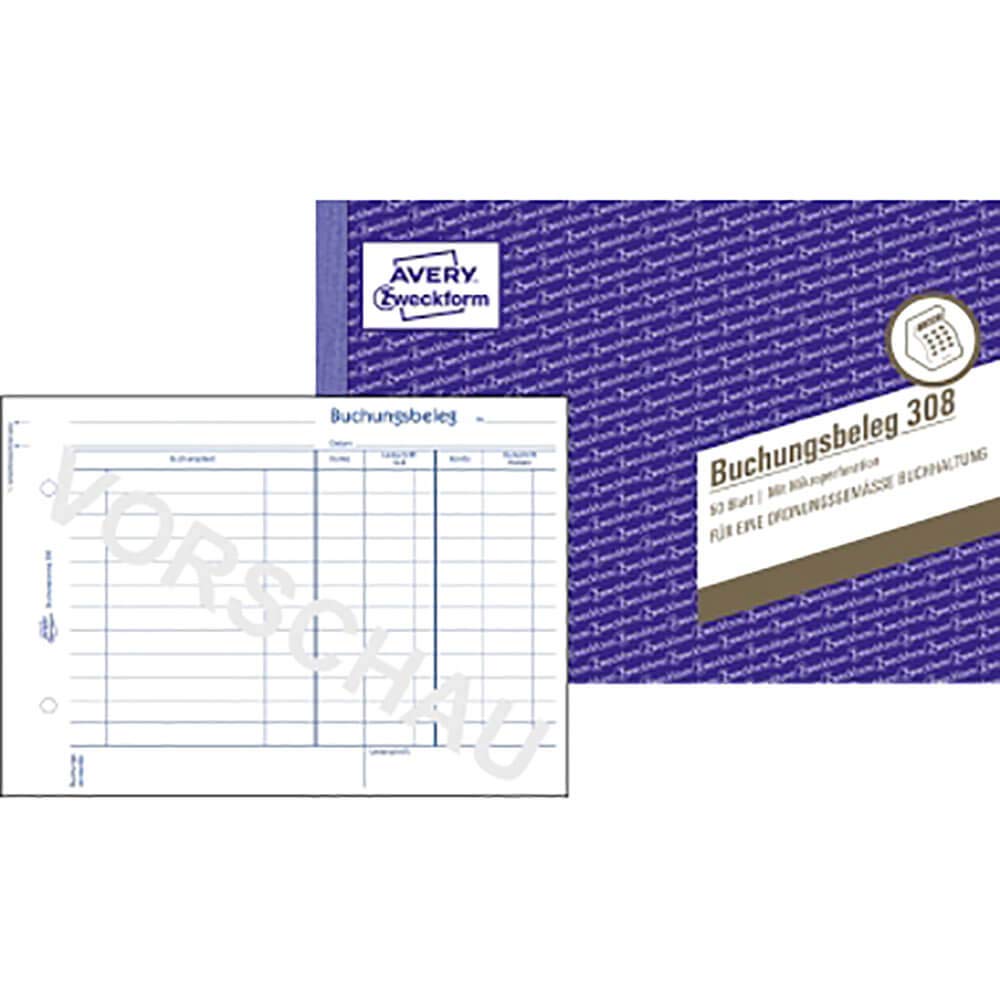 Avery Zweckform 308 Receipt Book DIN A5 Landscape, Perforated, 50 Sheets, White
