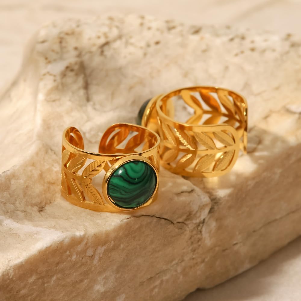 Western Malachite Statement Ring, Gold Plated Stainless Steel Green Gemstone Birthstones Adjustable Stackable Ring, Vintage Accessories Gifts for Women - Image 8