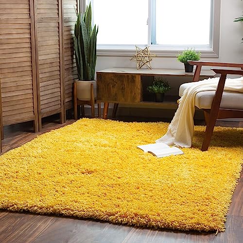 Image of Solid Fluffy Rugs and Carpet for Hall and Drawing Room 5x7 Feet Yellow Color