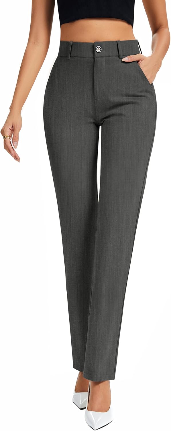 FUNYYZO Dress Pants Women's Stretchy Straight Leg Button Slacks Trousers with Pockets Casual Pants - Image 2