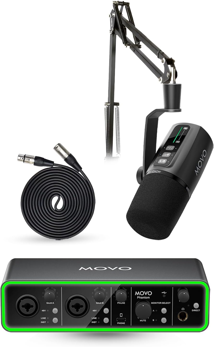 Movo Music Audio Interface Bundle – Phantom USB Audio Interface, UM6 XLR/USB-C Dynamic Microphone, and Boom Arm – Professional Studio Setup for Musicians, Singers, and Producer