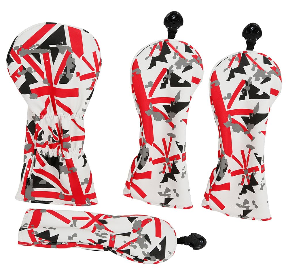 Golf Driver Head Cover 4 Piece Set | Fits #1 Driver, #3 Wood, #5 Wood, #U Utility Club | Protective Headcovers British Flag Union Jack Red