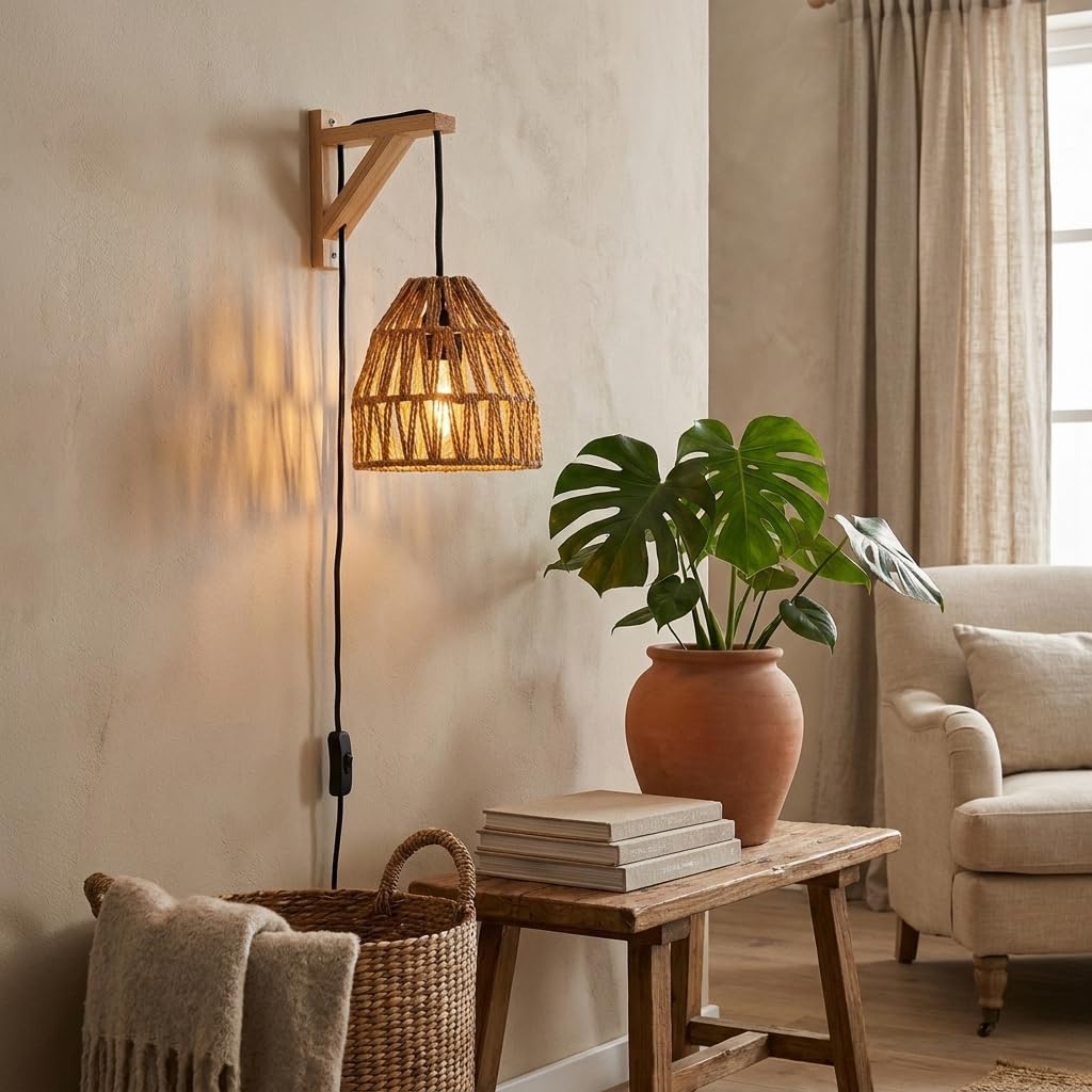 Alpinaluz Applique Murale E27 avec Prise et Interrupteur sur Câble, Base en Bois Naturel et Abat- Jour en Corde Tressée Ø17 cm, Style Naturel et Rustique, Chambre, Salon, Salle à Manger