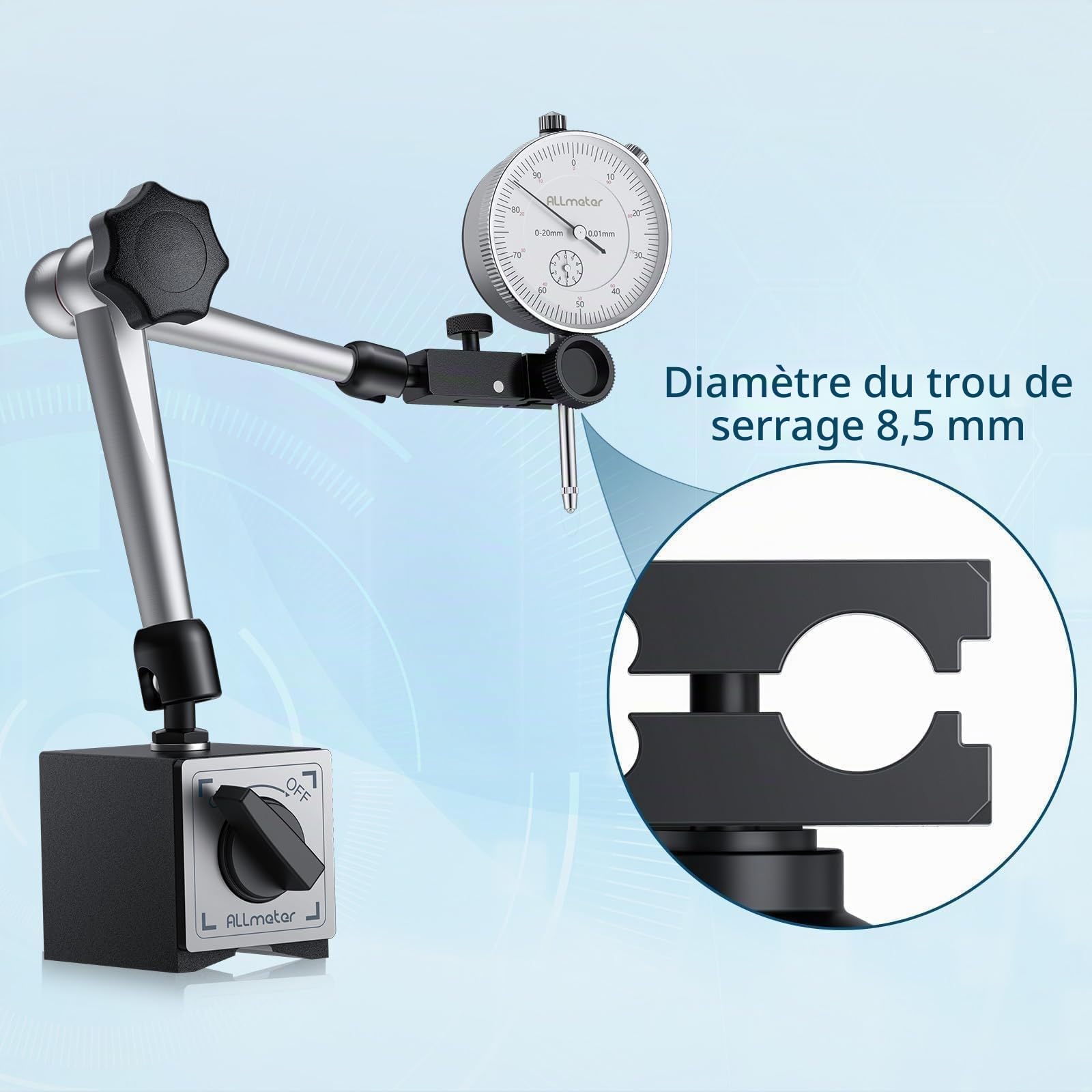 Comparateur mecanique 0-20 mm Avec Base magnétique Traction max 80kg Très flexible, Comparateur précision 0,01 mm, Ensemble d'indicateurs de cadran pour Calibration des plaques de surface