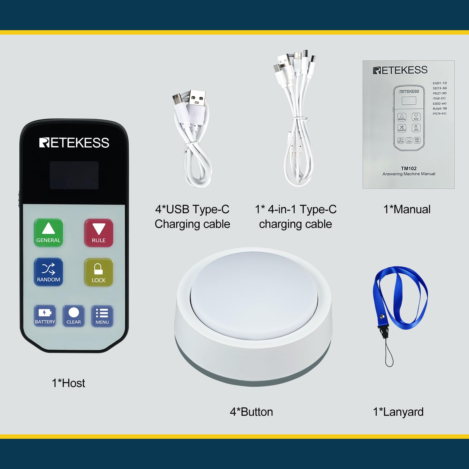 Retekess TM102 Wireless Quiz Buzzer System, Buzzer mit Sound（1-4） | für Schulklassenwettbewerbe, für Quiztests, 3 Reaktionsmodi, Countdown Modus, Zufallsmodus, Batteriewarnung