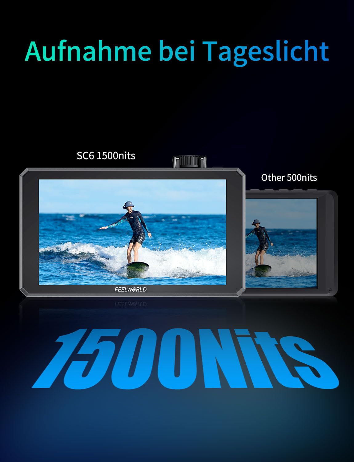 FEELWORLD SC6 3G-SDI Kamerabildschirm 6 Zoll Touchscreen 1500Nit Full HD 1920x1080 IPS Monitor mit 4K 60Hz 3D LUT HDR, Aluminiumgehäuse, inklusive F750 4400mAh Akku und Tasche