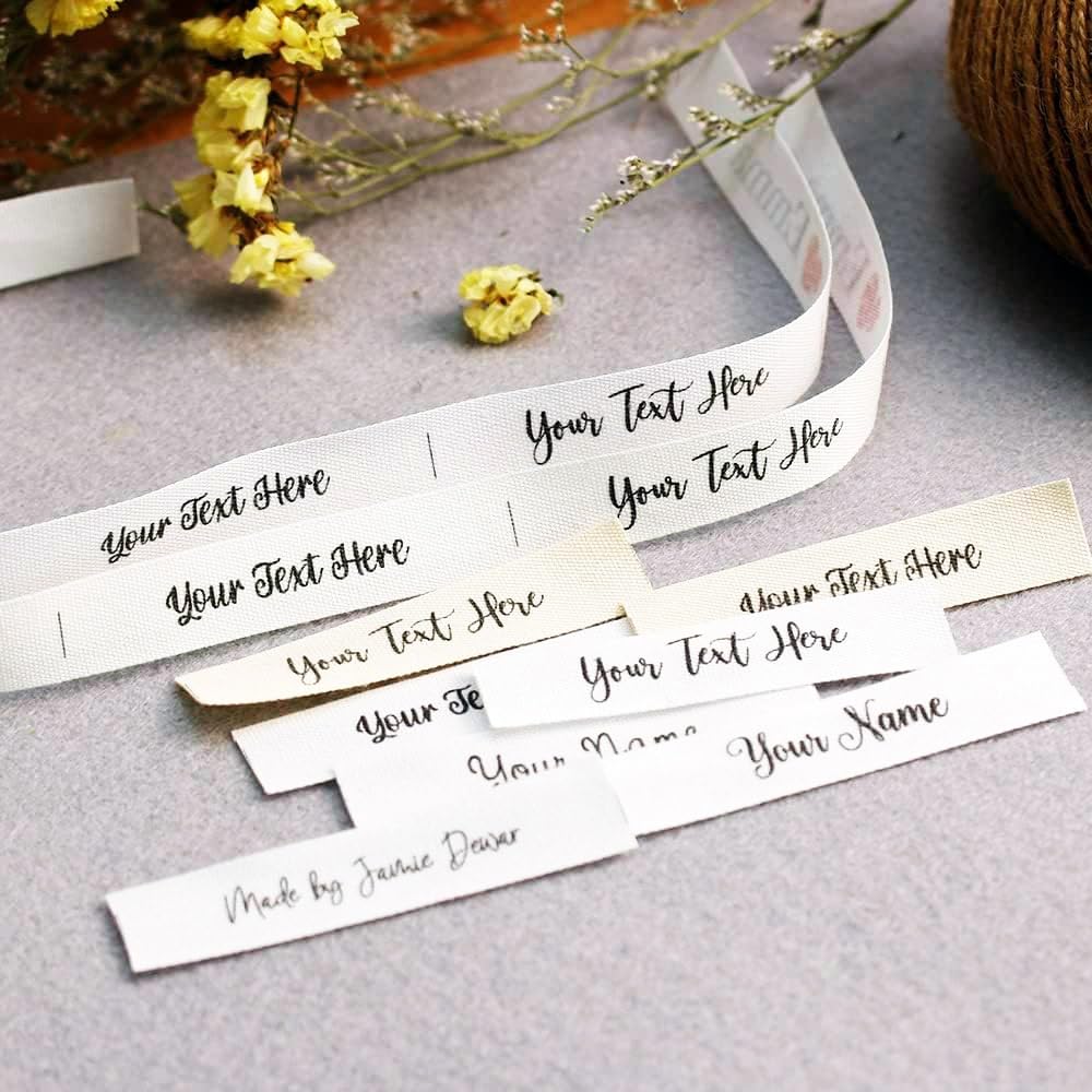 HERSTL Personalized Sewing Labels, Custom Handmade Fabric Cotton Knitted Machine Washable Pre-cut No Fray Durable Ideal for Handicrafts, 100pcs