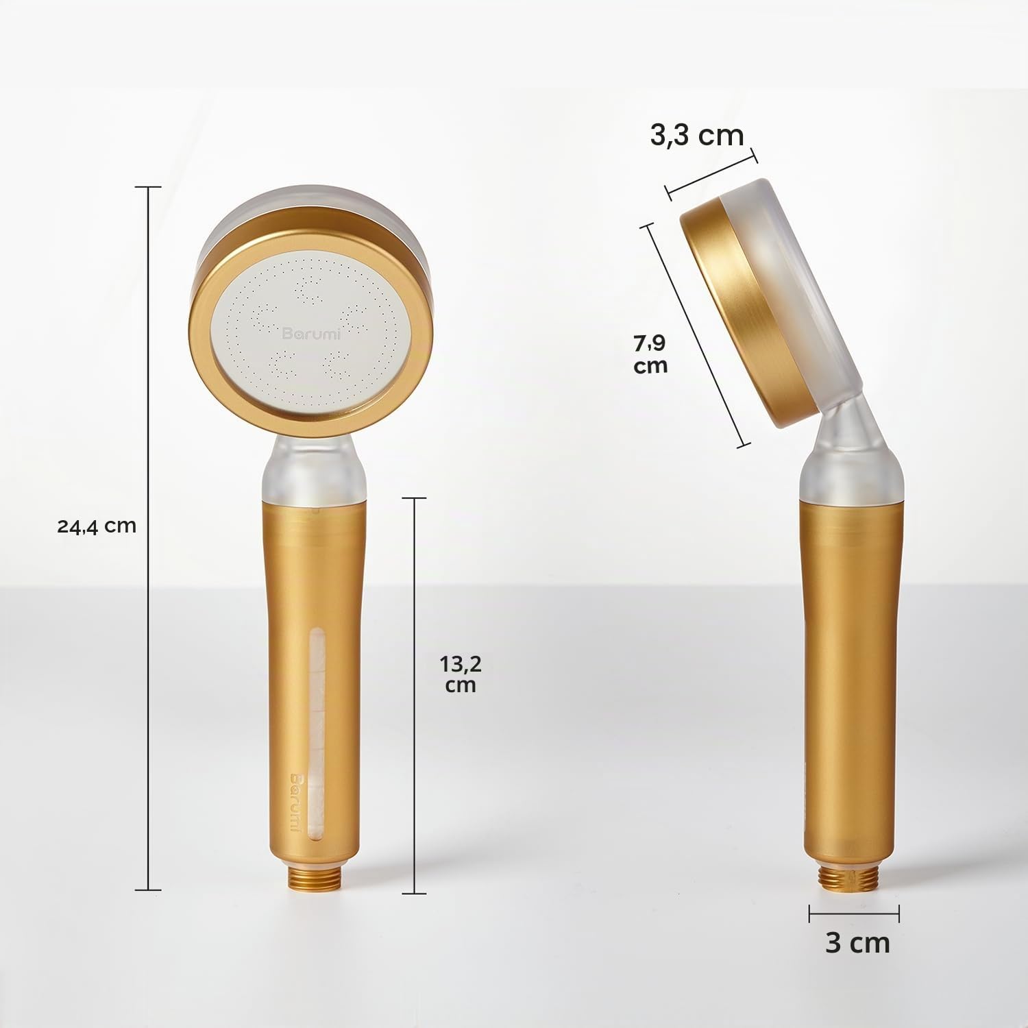 Barumi Pluo Cabezal de ducha filtrado a mano - dorado | Filtro de vitamina C para piel y cabello sanos | cabezal de ducha de chorro suave de alta presión | ablandador de agua dura de doble filtración