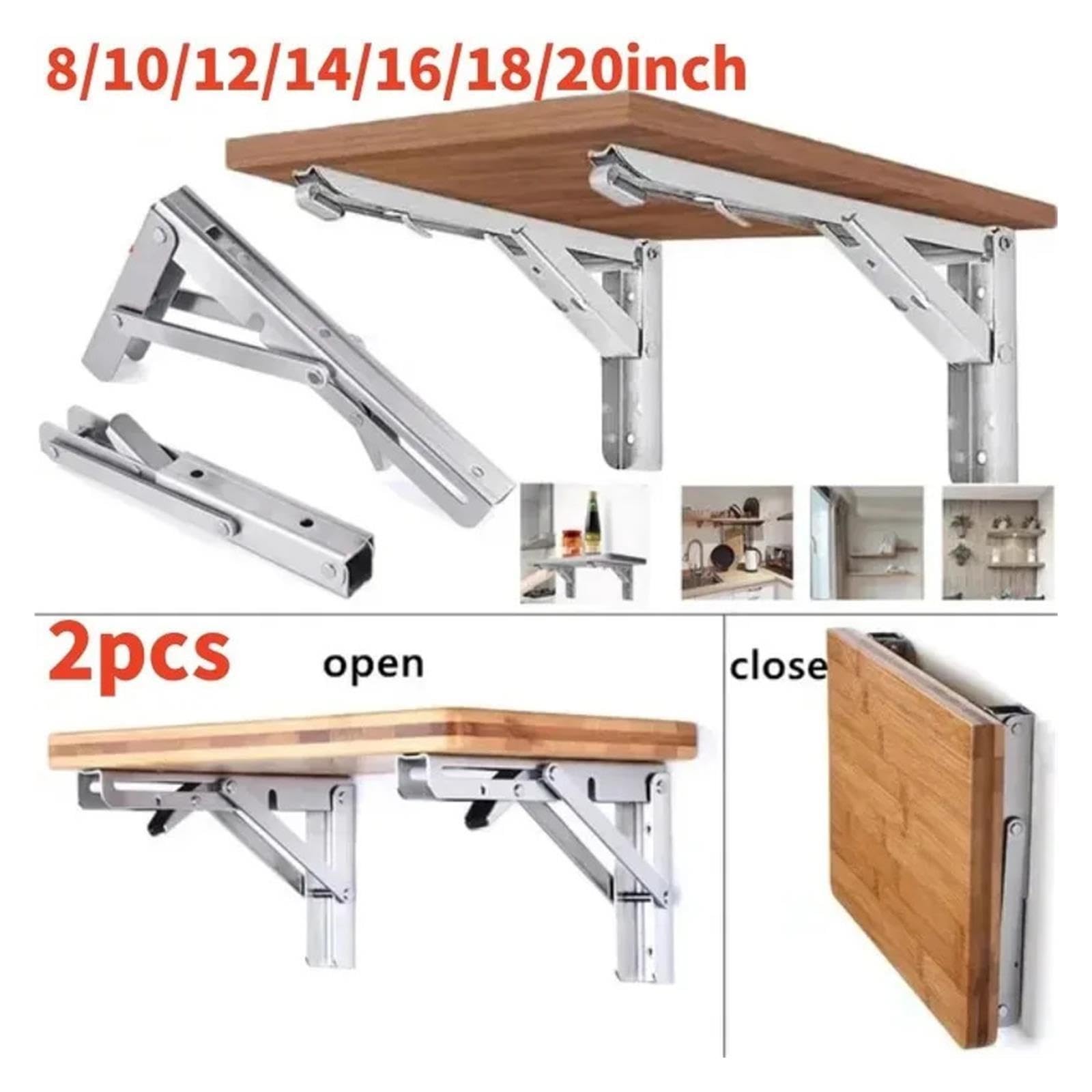 2PCS Soporte triangular plegable de acero inox grueso para estante de pared