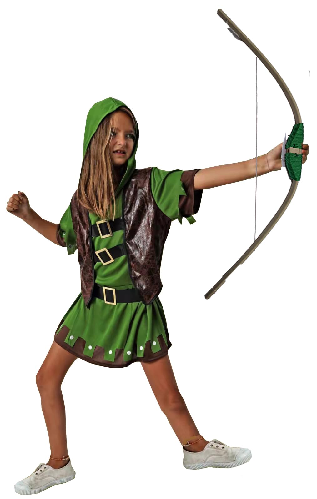 Gojoy shop- Disfraz de Arquero para Niños Carnaval Halloween (Contiene:Camiseta con Capucha,Casaca,Pantalón con Botas o(mangas),Cinturón,Arco Juquete y Mochila de Cuerdas.).