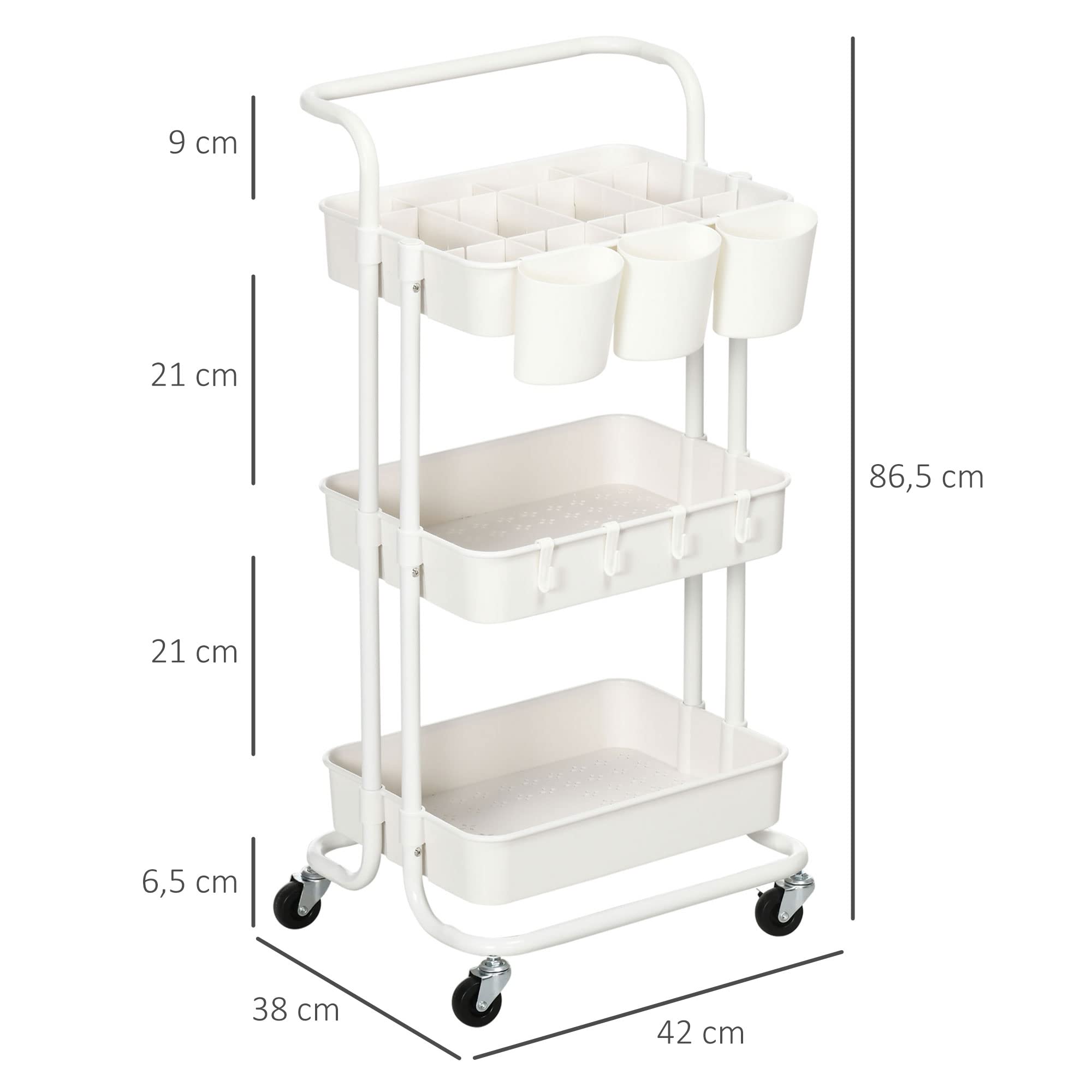 HOMCOM Carrello portaoggetti a 3 livelli su rotelle con 4 ganci e 3 appendini rimovibili per bagno, cucina, ufficio 42 x 38 x 86,5 cm - bianco