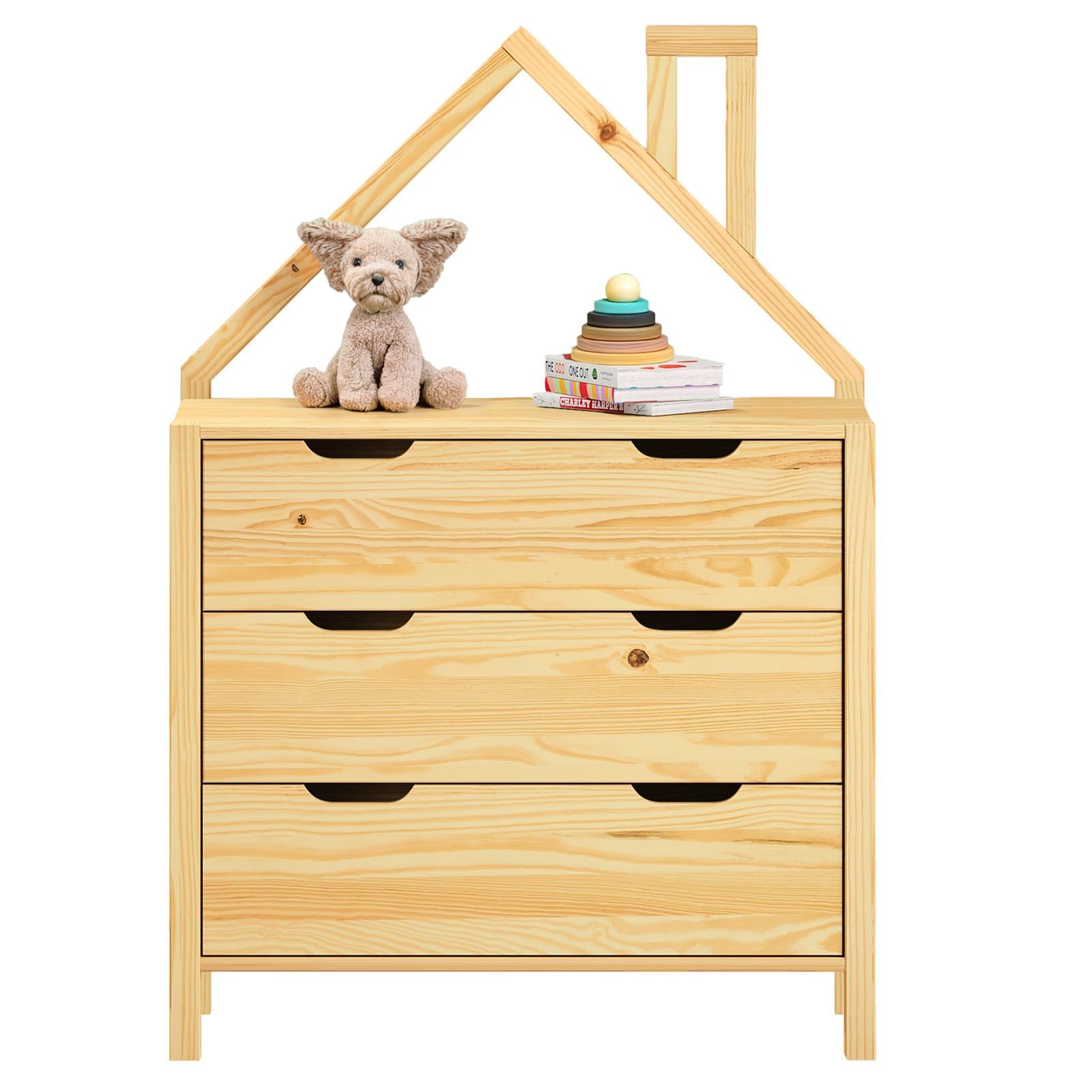 IDIMEX Commode Enfant ELANO en Bois Massif Coloris Naturel avec 3 Tiroirs de Rangement, 84 x 120 x 41 cm, Meuble Chambre en Forme de Maison, Style Montessori, pour Fille ou garçon