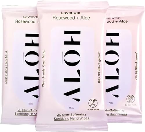 ALŌH Lavender Rosewood + Aloe Sanitizing Hand Wipes - Clean Hands, Clear Minds - On The Go Sanitizing Hand Wipes for Kids and Adults - Travel Size 3 Pack, 20ct Wipes (60 wipes)