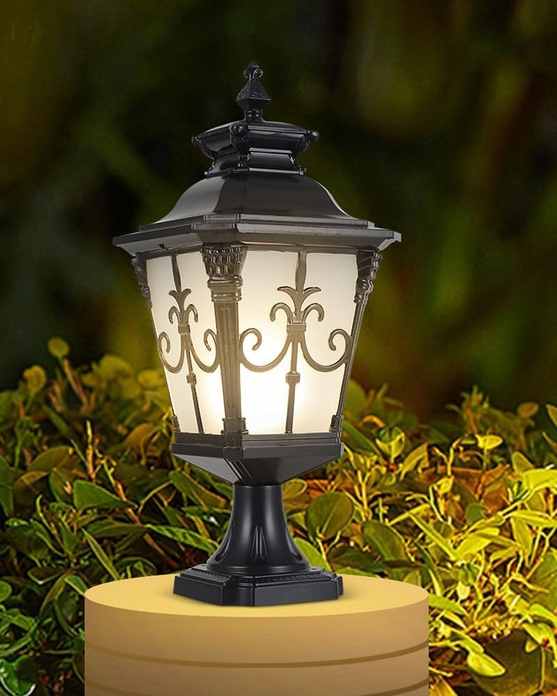 KXEcoLife Solar Outside Pillar Lantern with Pier Mount Post Light Frosted Glass Street Lighting for Backyard Garden Driveway,Black(electricity),Large