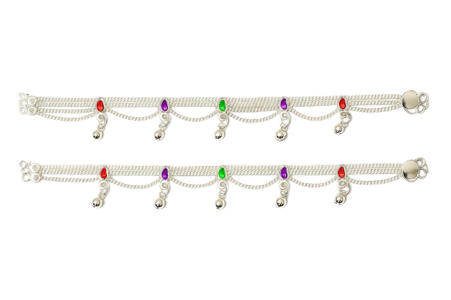 Traditional Triple-Chain Anklet with Multicoloured Stones, Ghungroo Bells, Indian Ethnic Payal-image-40